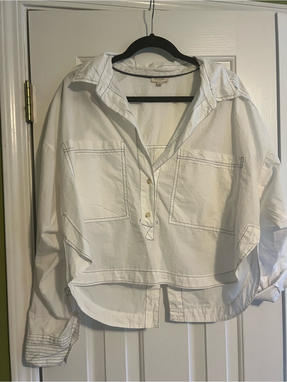 Pilcro White Cropped Button-Down Shirt with Contrast Stitching
